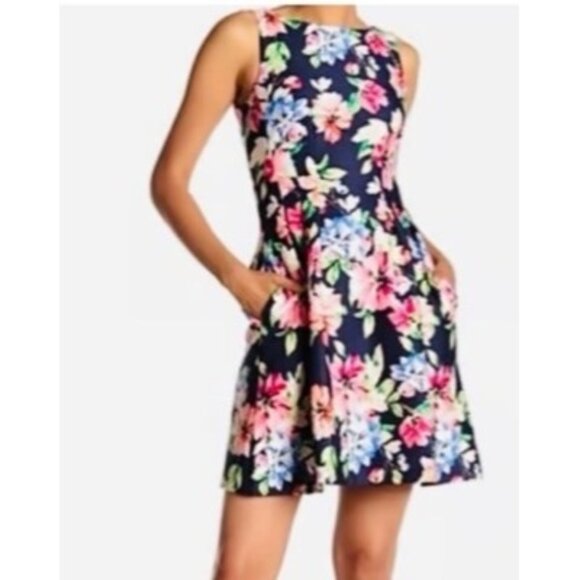 Vince Camuto Floral Print Scuba Fit & Flare Dress w/Pockets Size‎ 14 Summer - Picture 1 of 9
